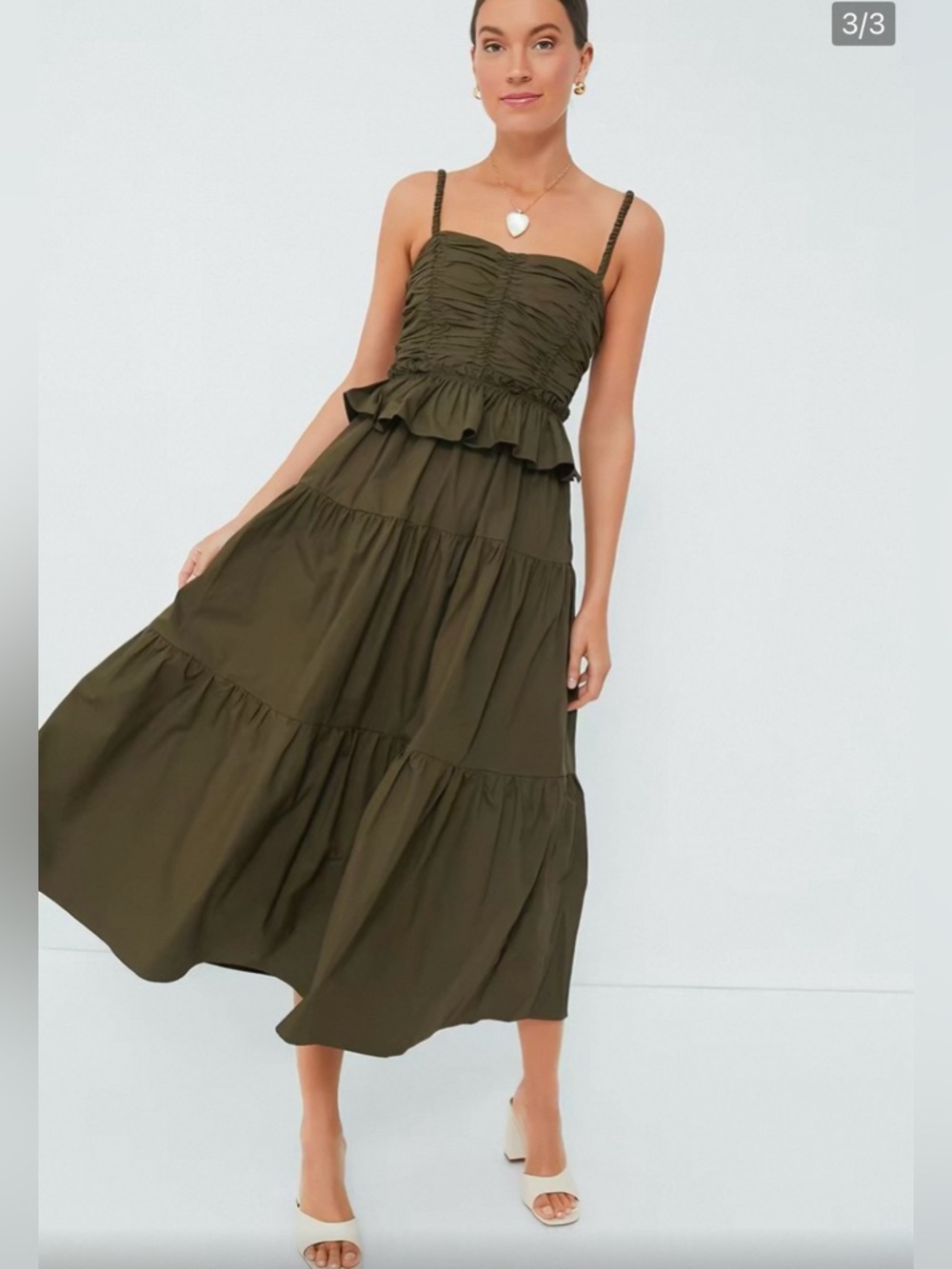 Moon River Olive Green Tiered Ruching Maxi Dress